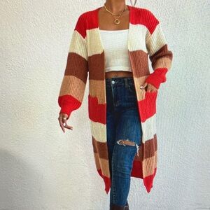 Striped Red and Brown Women's Sweater Cardigan